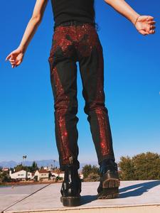 Custom High Waisted Skeleton <strong>Red</strong> Rhinestone Reconstructed <strong>Jeans</strong> <strong>Womens</strong> Black Denim Mom <strong>Jeans</strong> - Product Image 5