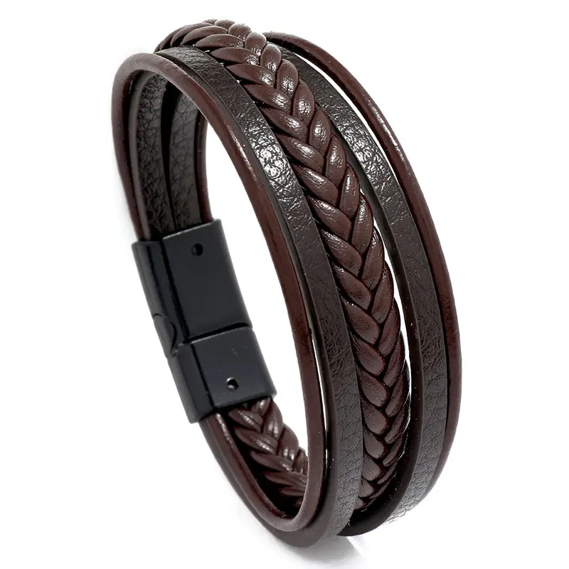 BPB016 Mens Leather Bangle with Alloy Clasp Cowhide Multi-Layer Braided Leather Mens Bracelet