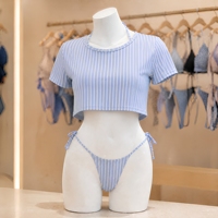 Fabricante de Trajes de Baño Personalizados OEM, Tela Reciclada, Diseño de Rayas Triangulares, Conjunto de Bikini de Tres Piezas para Mujer
