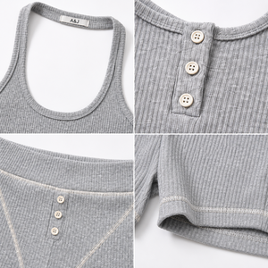 A&J Fabricante OEM ODM con Logotipo Personalizado, Venta al por Mayor, Marca Privada, Conjunto de Top Halter y Pantalones Cortos de Canalé de 200G para Mujer, OEKO-TEX GRS - Product Image 2
