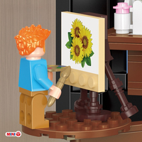 Blocs de construction Van Gogh Tournesol, sculpture en relief 3D, briques de construction avec mini personnage de peintre, modèle d'assemblage de style art moderne