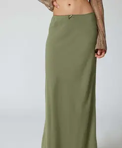 修身高腰100% 涤纶高腰女格子百褶Midi半身裙夏季流行女绿色长裙