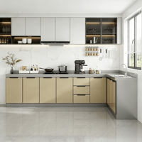 Gabinetes de Cocina Modulares Personalizados Directo de Fábrica, Color Crema, Panel Elevado, Forma de L, Gabinetes Superiores Blancos, Cuarzo Gris Ecológico