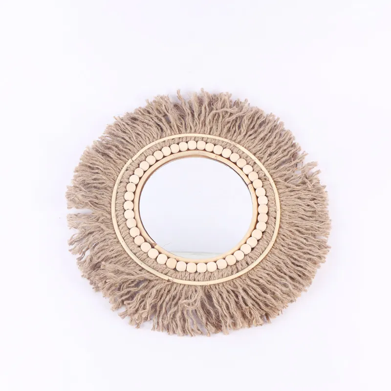 Nappe di stoffa treccia perline di legno cornice decorazione specchio rotondo per cosmetici spogliatoio camera di casa