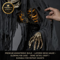 Squelette de la mort animatronique d'Halloween avec yeux lumineux, son et lumière de citrouille, pour maison hantée et vitrine de magasin, OEM, vente en gros