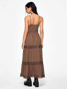 Robe longue tissée en coton 100% pour femme, marron, avec broderie appliquée, col carré, manches courtes, style décontracté et élégant, idéale pour l'été - Product Image 5