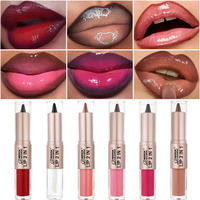 Offre Spéciale – Ensemble 2-en-1 Brillant à Lèvres Double Embout avec Pinceau et Crayon à Lèvres – Maquillage Mat Minéral – Kit de Voyage Crayon et Gloss à Lèvres