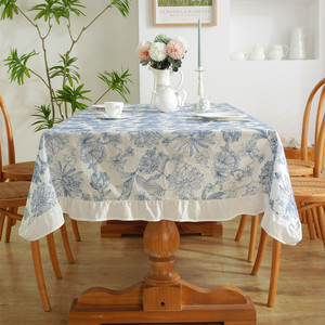Nuova <span class=keywords><strong>Tovaglia</strong></span> Retrò Floreale Blu Ricamata Impermeabile in <span class=keywords><strong>Cotone</strong></span> con Bordo Arricciato Copritavolo Rettangolare - Product Image 2