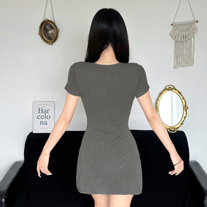 Vestido Mini Elegante Francés de Color Sólido con Botones, Corte en A, Ajustado a la Cintura, Tejido de Punto, Manga Corta, Estilo Casual para Mujer - Product Image 5