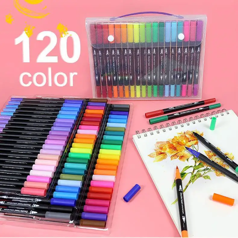 Wholesale plumones punta pincel 24 Colors Nylon Art Markers Marker Pens Dual Tip Brush Pen