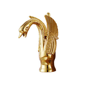 Grifo de lavabo de baño de latón con cuello de cisne dorado de lujo con manijas individuales artísticas - Product Image 1