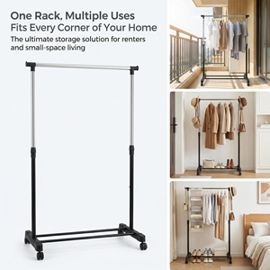 Single Pole Metal Retractable Laundry Drying <b>Racks</b> Portable Rolling <b>Clothes</b> <b>Rack</b> Freestanding Garment <b>Rack</b> with 360° Wheels - Product Image 3