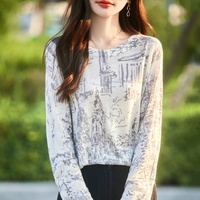 Pull en cachemire col rond pour le printemps et l'été, motif peinture Inkash, jacquard, manches longues, tricoté