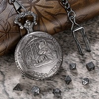 Dés de jeu polyédriques en métal 7 pièces, style Steampunk, avec boîtier de montre de poche à engrenages creux, écologiques, argent antique, pour DND RPG Table
