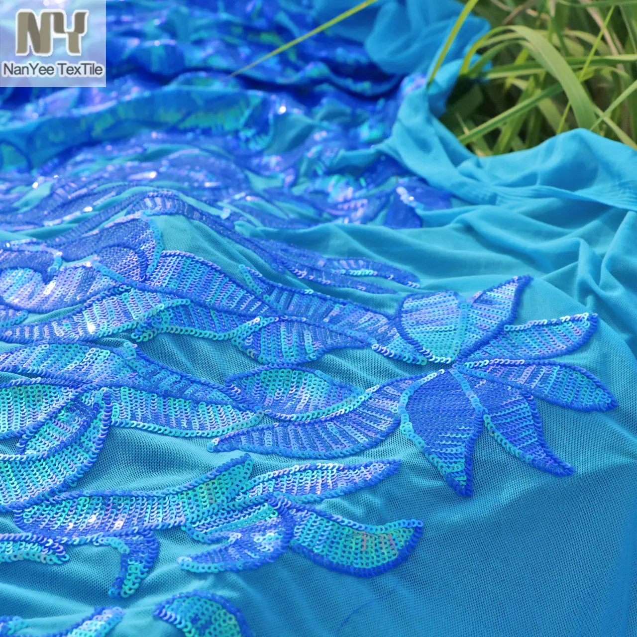 Nanyee Textile Pearl Blue Iridescent Damask Sequin Fabrics On Elastic Nylon Mesh