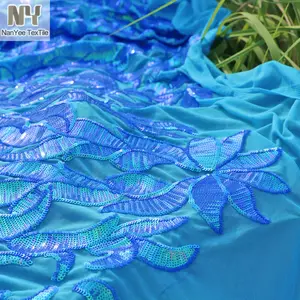 Nanyee dệt ngọc trai màu xanh óng ánh Damask sequin vải trên đàn hồi nylon lưới