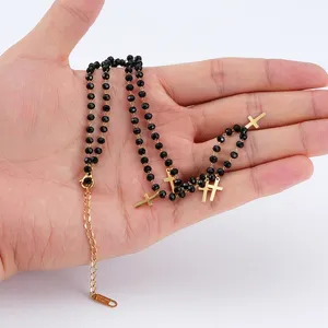 Catholic Prayer Beads Chain Mini Cross Dangle Stainless Steel Gold Plated Rosary Necklace