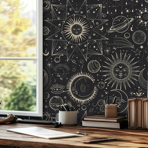 Rollo de Papel Tapiz Bohemio Contemporáneo con Diseño de Sol, Estrellas y Rostros Humanos, con un Estilo Gótico Único Esto es un producto autoadhesivo - Product Image 1
