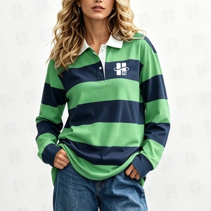 Custom Wholesale <strong>Lady</strong> Clothing Color Block Stand Collar <strong>Long</strong> <strong>Sleeve</strong> Button <strong>Polo</strong> Digital Print Stripe <strong>Polo</strong> <strong>Shirt</strong> for Women - Product Image 3