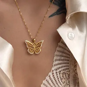 2024 Dazan New Ins High Quality 18k Pvd Gold Plated Stainless Steel Lace Style 5a Zircon Butterfly Pendant Necklace For Women