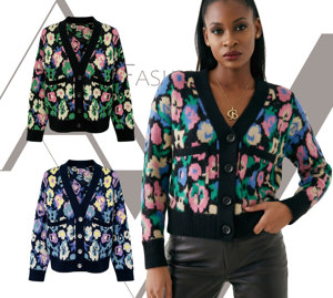 Cardigan Lavorato a <span class=keywords><strong>Maglia</strong></span> per <span class=keywords><strong>Donna</strong></span> con Motivi Floreali Jacquard, Stile Vintage Boho, Scollo a V, con Tasche, Morbido e Caldo - Product Image 4