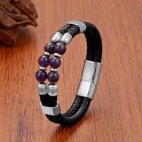 Bracelet artisanal pour homme en cuir avec perles de quartz rutile et améthyste, fermoir en acier inoxydable