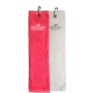 Wholesale Yarn Dyed Quality Terry 100% Cotton Trifold Custom Embroidered Golf Towel With Carabiner