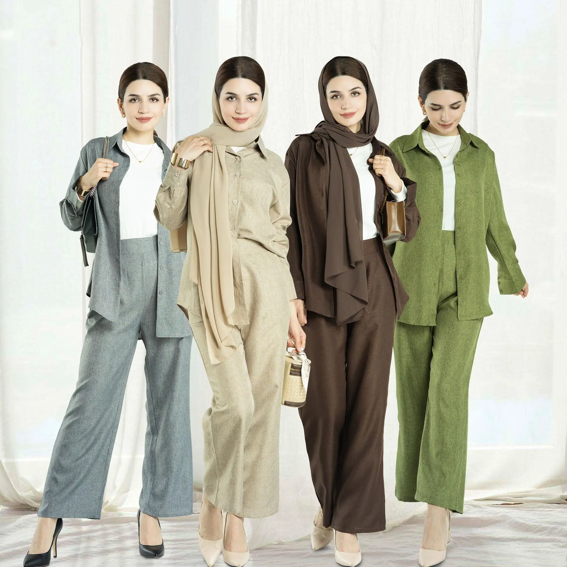 Moda all'ingrosso Ramadan Design abbigliamento islamico tessuto di lino turchia Abaya Set Top e pantalone 2 pezzi Set Ladies Abaya