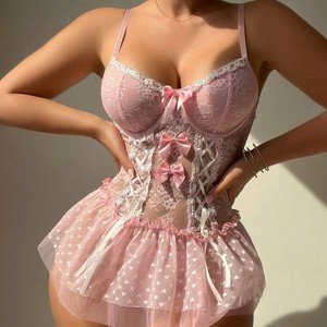 Women Bow Lace Corset Lingerie <b>Set</b> Sheer Mesh Heart Pattern Tutu Skirt Underwire Suspender <b>Sexy</b> Intimate Nightwear Wholesale - Product Image 2