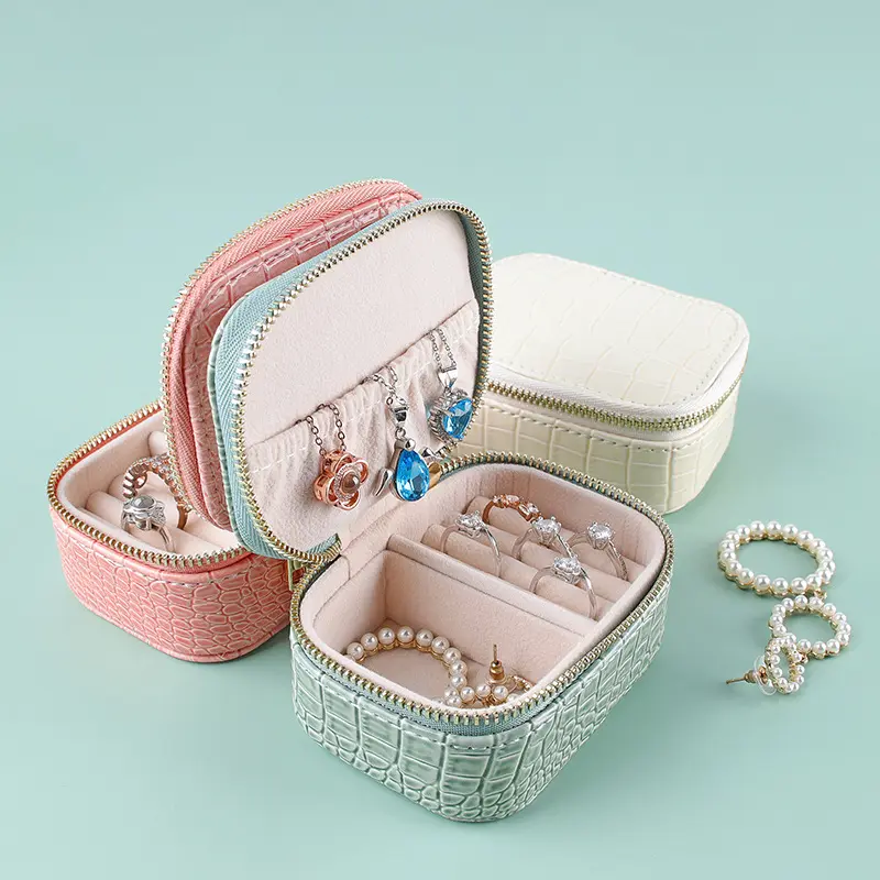 Kotak perhiasan kecil kulit PU portabel perjalanan, kotak penyimpanan Organizer Display untuk cincin kalung gelang