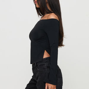 <span class=keywords><strong>Maglietta</strong></span> <span class=keywords><strong>nera</strong></span> a maniche lunghe personalizzata per ragazze Slim Sexy sulle spalle top Crop da donna - Product Image 5