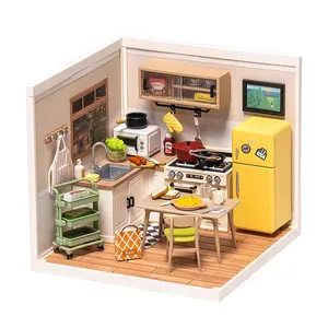 Robotime Rolife Kit Model DIY DW008, makanan bahagia dapur Puzzle plastik 3D rumah miniatur DIY