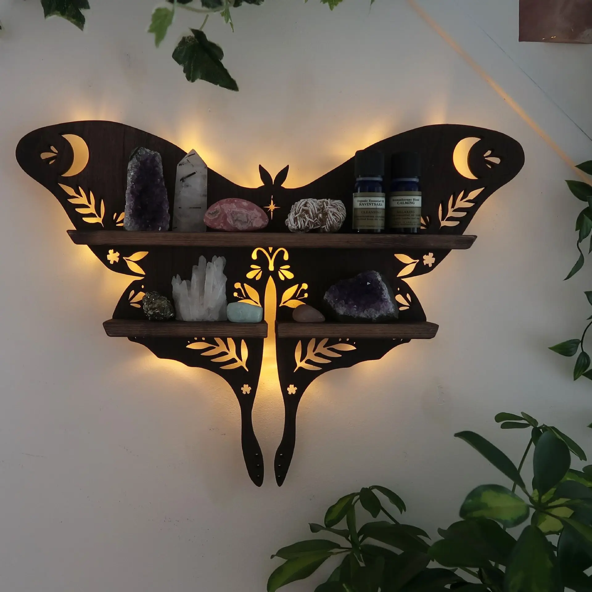 Handmade Luminous Butterfly Wooden Shelf Crystal Essential Oil Storage Rack Wall Display Living Room Decorative Rack Luna Moth