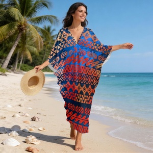 Abito da Spiaggia OEM per Donna con Stampa Geometrica, Scollo a V, Maniche Larghe, Orlo Asimmetrico con Spacco, Outfit Casual per Vacanze - Product Image 1