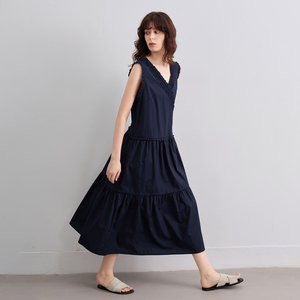 Demana Pure Cotton <b>Patchwork</b> Crossover V Neck Sleeveless Dress Women Summer Retro Elegant A Line <b>Skirt</b> - Product Image 3