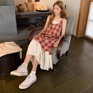 French Style Blue Plaid Suspender Dress Spaghetti Strap Mid Length Casual Dress For Holiday Beach Vacation - Product Image 2