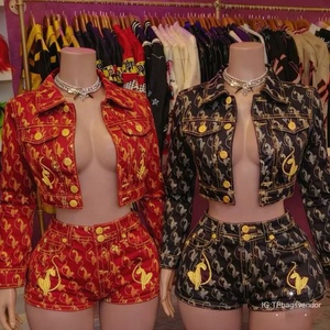 Set Due <span class=keywords><strong>Pezzi</strong></span> Casual da Donna con Giacca Corta Ricamata e Pantaloncini in <span class=keywords><strong>Jeans</strong></span>, Stile Y2k, Vestibilità Slim - Product Image 1