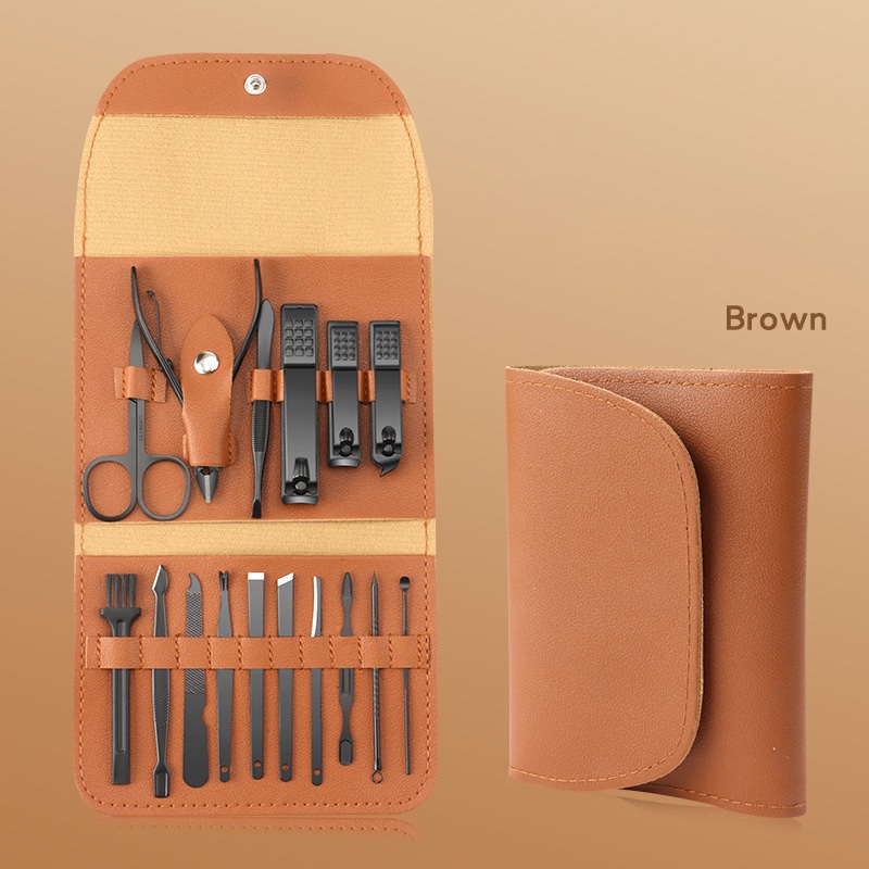 Étui en cuir marron, ensemble de 16 pièces