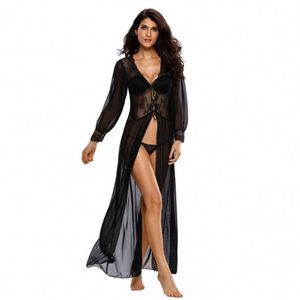 Wholesale Sexy Nighty Design Black Sheer Long Sleeve Lace <strong>Transparent</strong> <strong>Night</strong> <strong>Gown</strong> for Woman 21-0031-1 - Product Image 1