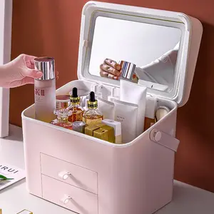 Organizer Makeup Tahan Air dengan Pengisi Daya USB Pegangan Penyimpanan Kosmetik Tahan Debu Make Up Organizer dengan Lampu Led Cermin