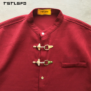 Chemise à manches courtes pour <span class=keywords><strong>homme</strong></span>, couleur bordeaux rétro, avec boucle de pompier, fermoir à homard, logo personnalisé, haute qualité - Product Image 3