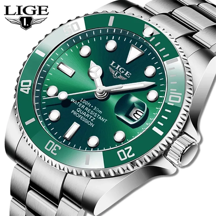 LIGE jam tangan kuarsa untuk pria, arloji merek terbaik 30atm tahan air dengan fitur tanggal, jam tangan olahraga untuk pria