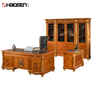 Mesa de escritório, escultura clássica de luxo móveis de madeira para escritório 0812 couro