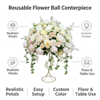 Décoration de table de mariage, chemin de table, événement, fête, rose en soie, gypsophile, composition florale mixte rose et blanc, boule de fleurs artificielles
