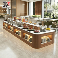 Comptoir de buffet sur mesure, texture bois, vitrine de présentation pour la restauration, station de service alimentaire multi-stations pour hall d'hôtel, restaurant