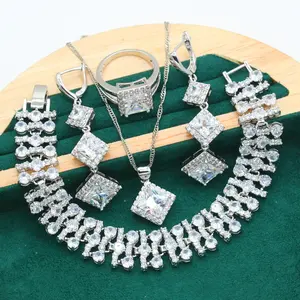 Silbers chmuck Großhandel Zirkon Braut schmuck Set für Frauen Hochzeit Armband Lange Ohrringe Ring Halskette Anhänger Geschenk box