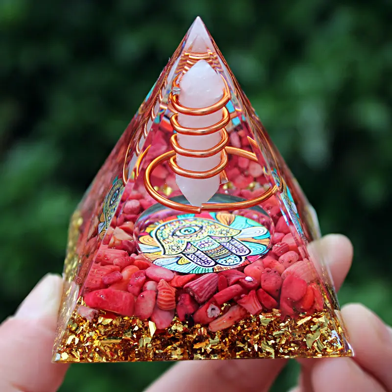 Nueva Pirámide de grava de cristal de 6 cm, varias piedras preciosas de cuarzo rosa, patrón abundante, cubo, cristal Triangular, decoración de pirámide de la suerte