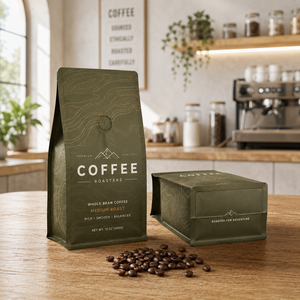 Bolsas de Fondo Plano Impresas Personalizadas - Empaque Ecológico para Granos de Café con Cierre, Válvula Unidireccional y Cierre Metálico - Product Image 1