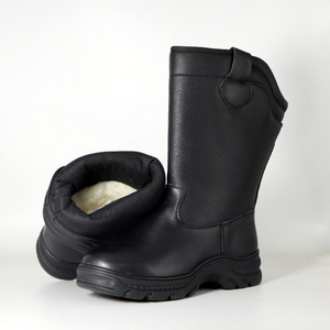 Bottes d'hiver pour hommes, noires, mi-hautes, en cuir de vachette, doublées de laine chaude, bottes hautes pour temps froid - Product Image 1