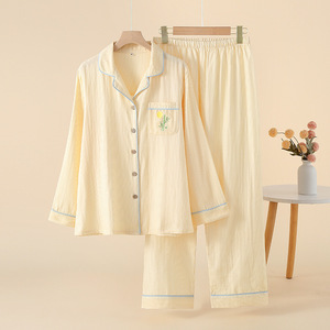 Nuovo Pigiama da Donna <span class=keywords><strong>in</strong></span> Puro <span class=keywords><strong>Cotone</strong></span> a Doppio Strato di Garza, Completo Homewear a Maniche Lunghe con Vita Elasticizzata per Primavera e Autunno - Product Image 4
